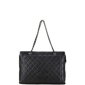 Chanel Coco Mark Chain Tote Bag Black Silver Caviar Leather